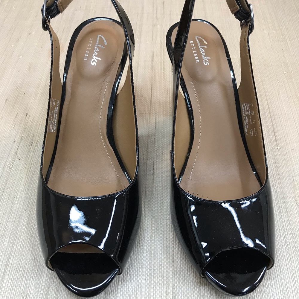 Clarks Black Patent Peep-Toe Slingback Pumps